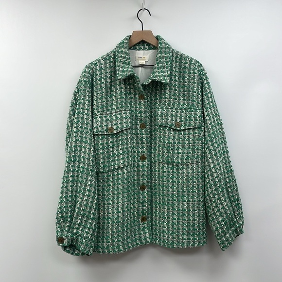 Anthropologie Maeve Plaid Tweed Relaxed Shacket Shirt Jacket Preppy Green XL - Picture 3 of 12